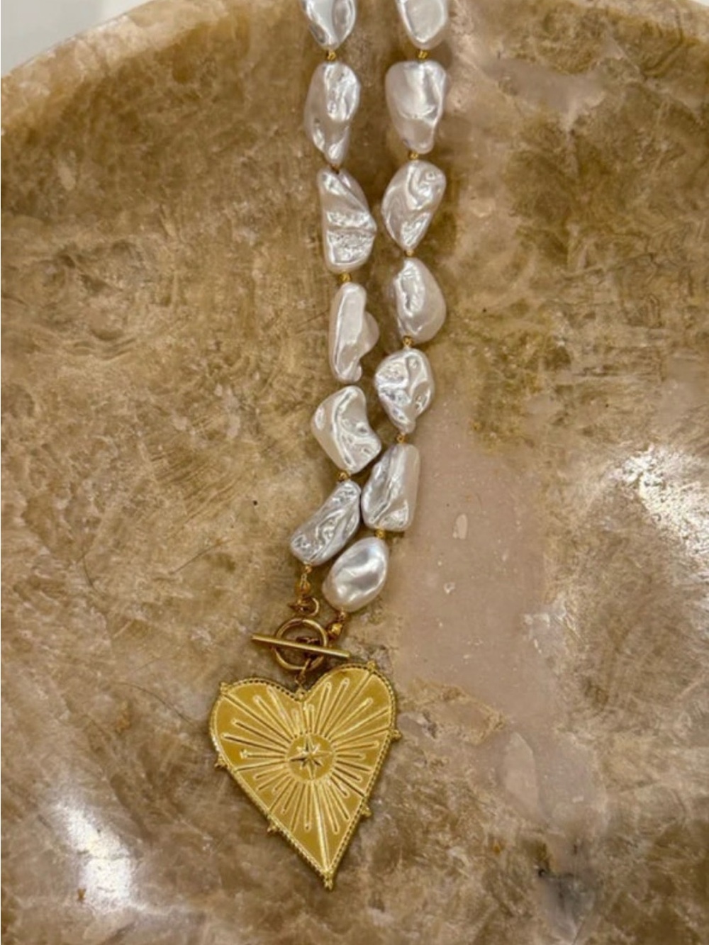 Baroque Pearl Necklace with Gold Heart Pendant - Women Jewelry